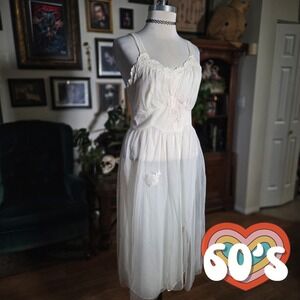 Vintage 60s Kayser White Lace Trimmed Slip Dress Sheer Nylon Midi Dress Lingerie